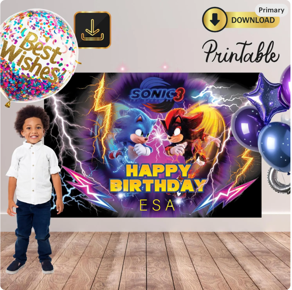 Sonic Birthday Party Backdrop/sonic Hedgehog 3 Birthday Banner/custom Sonic Backdrop/kids Birthday Decor/custom Birthday Backdrop